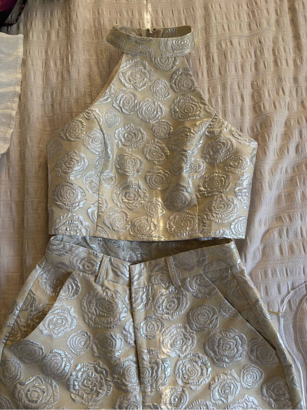 Champagne Colored Jacquard Crop Top and High-Waist Pants Set
